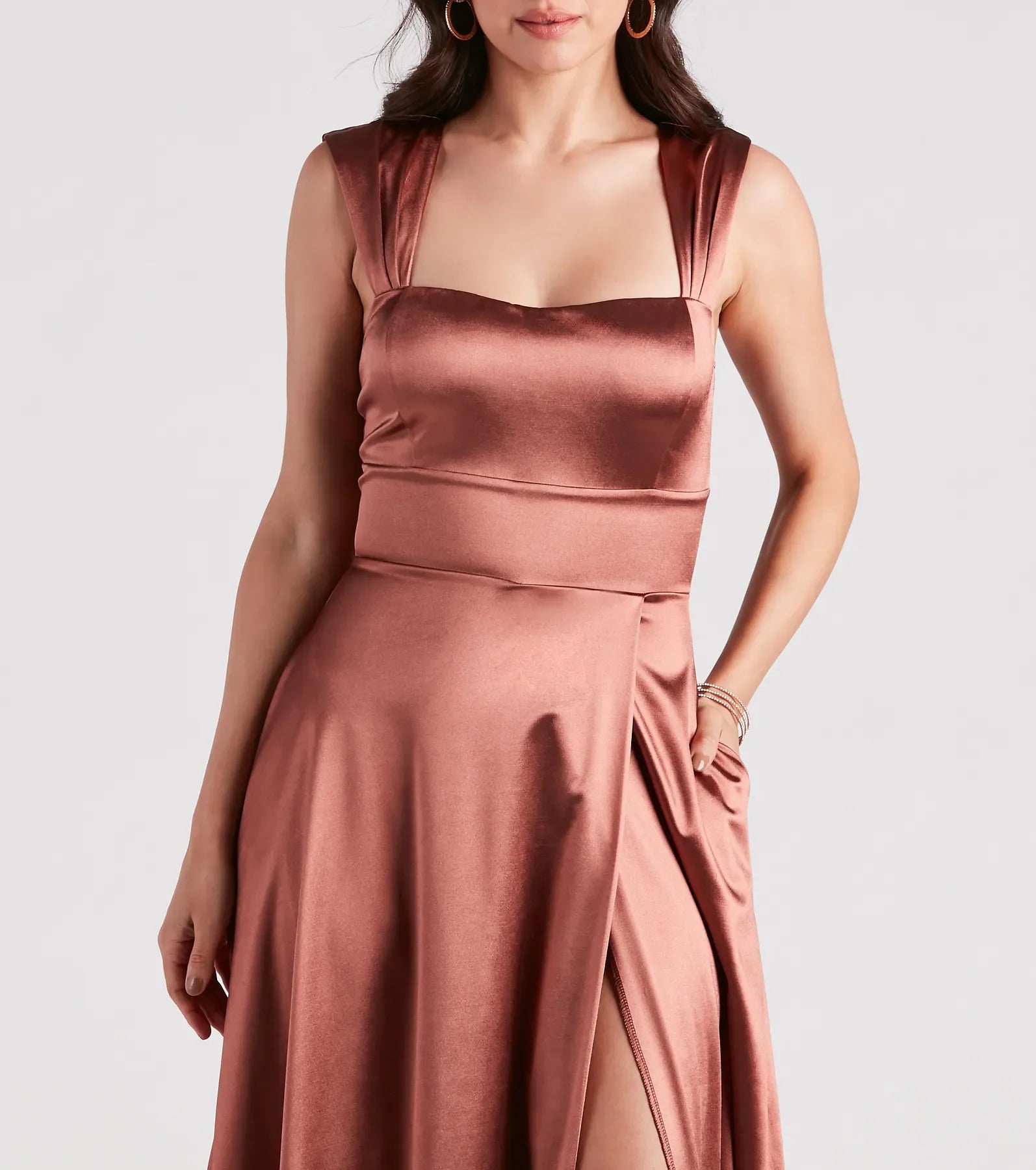 Lisa Satin High Slit A-Line Formal Dress
